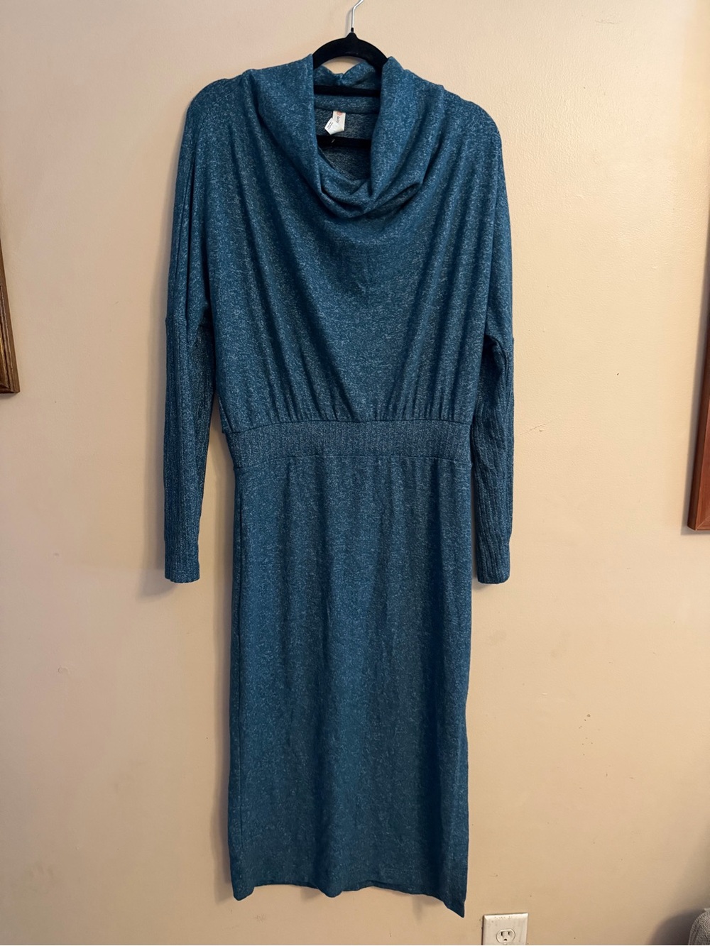 Cowl-Neck Long Sleeve Knit Dress in Teal Blue